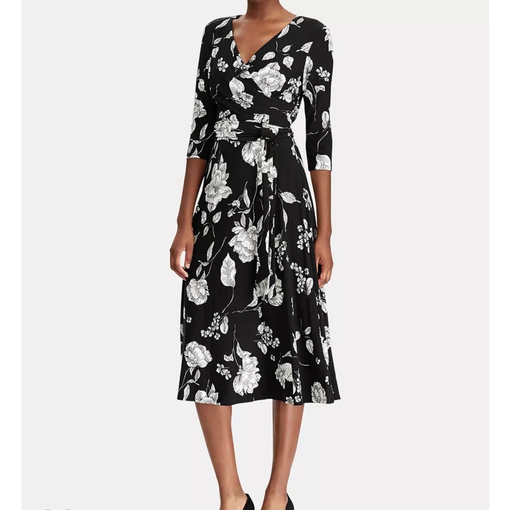 Lauren Ralph Lauren Floral Midi Surplice Dress SZ 8 Like New Wedding Guest Sprin